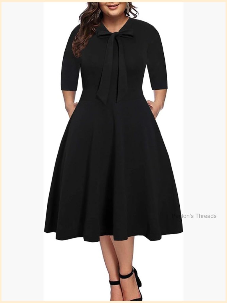 Plus Size A-Line Dress With Pockets - 3/4 Sleeve Bow Tie Neck
